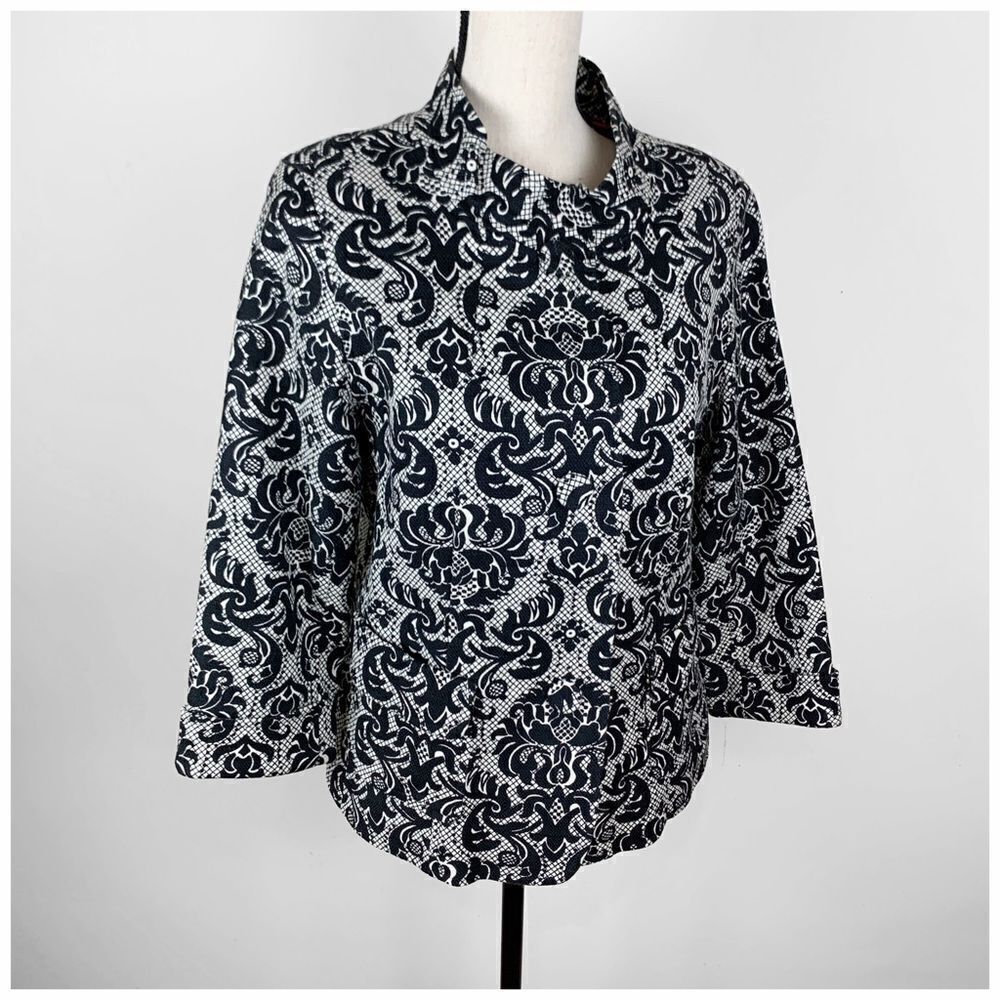 Talbots Blazer 3/4 Sleeve Black Jacket Damask  10‎